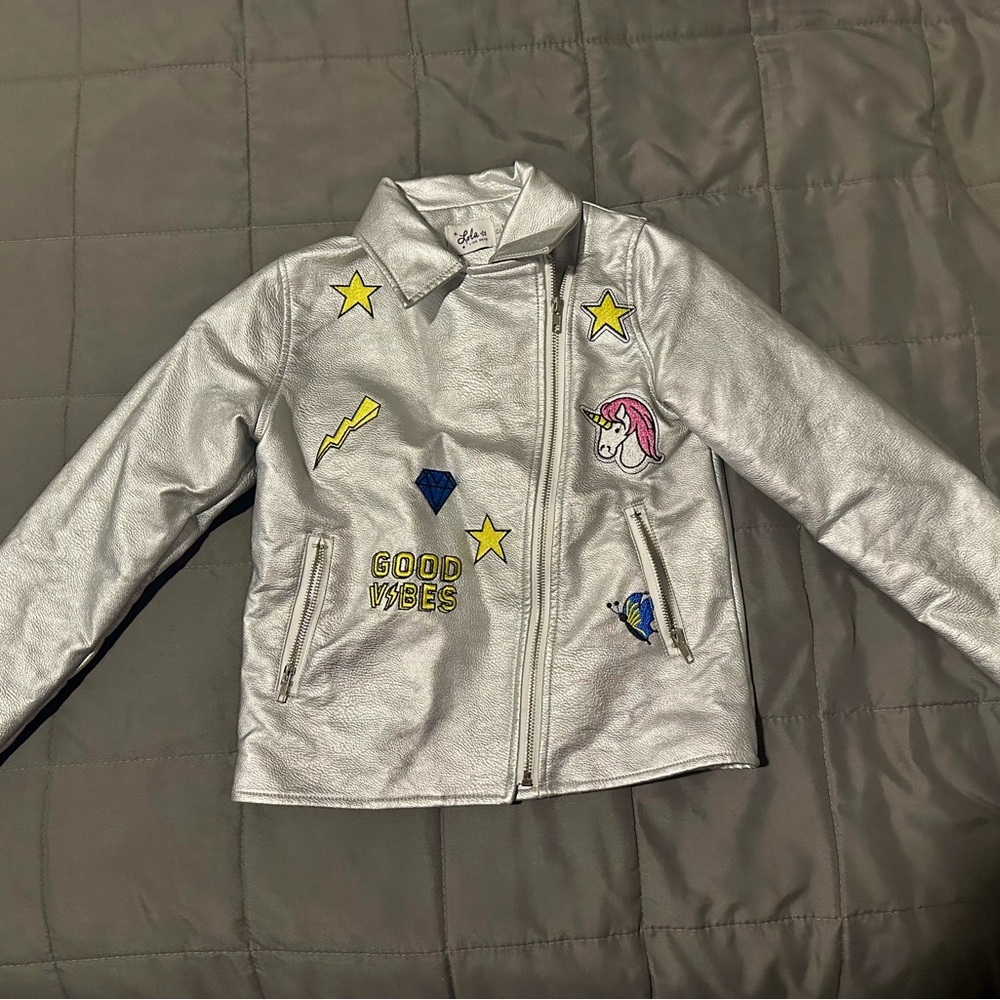 Lola + The Boys Silver Faux-Leather Jacket with Colorful Patches